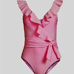 Lilly Pulitzer Delphie Seersucker Ruffled One-Piece Swimsuit NWT sz8 womens